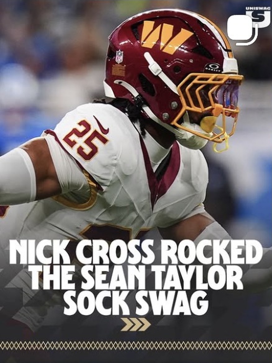 Graphic honoring Nick Cross wearing Sean Taylor tribute socks