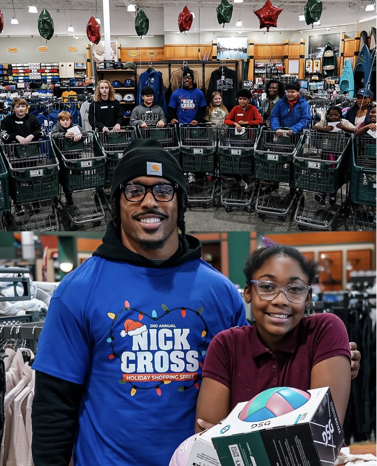 A room of kids with shopping carts at the Holiday Shopping Spree, with Nick Cross posing alongside a girl holding merchandise